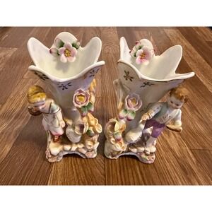 Vintage Porcelain Spill Vase Set‎ Boy Girl Figurine Hand Painted Floral Gold Rim